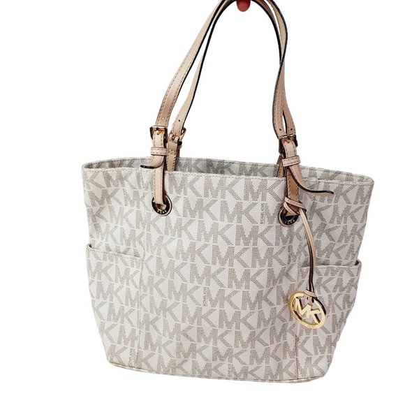 Michael Kors Handbags - Michael Kors MK Jet Set Medium Beige Tan Monogram Tote Purse Bag Gold Hardware